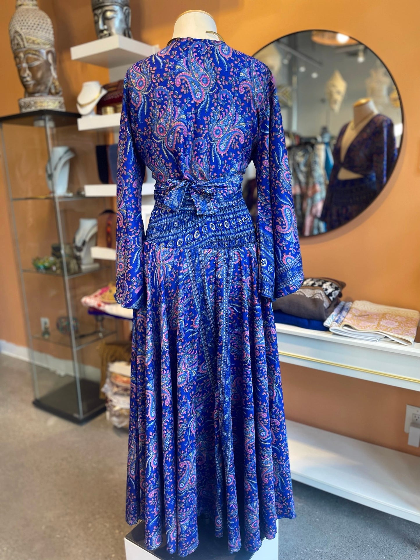 Blue/Pink Paisley Bell Sleeve Wrap Top Maxi Skirt Set