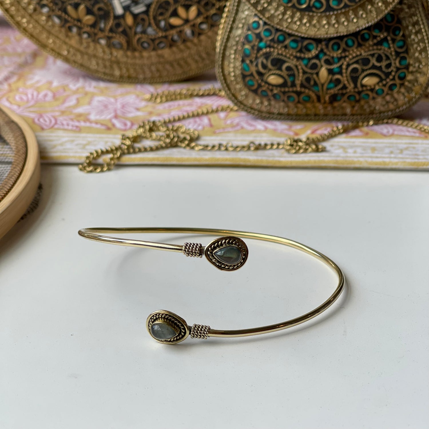 Solid Brass Upper Arm Cuff With Labradorite Stone – Shop Sol