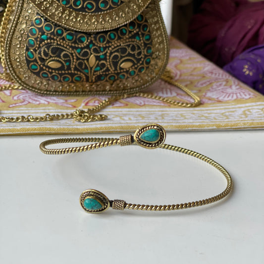 Brass Rope Style Upper Arm Cuff With Turquoise Stone