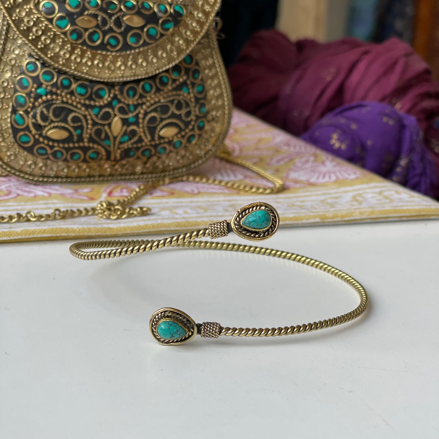 Brass Rope Style Upper Arm Cuff With Turquoise Stone