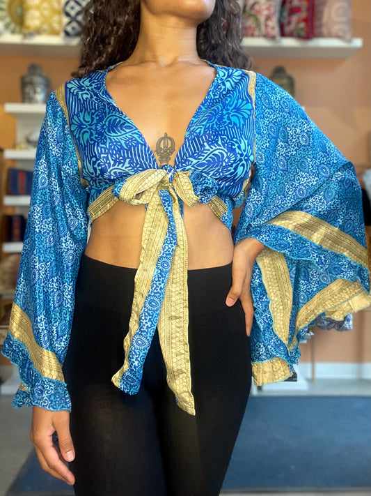 Blue/Brown Upcycled Butterfly Sleeve Wrap Top