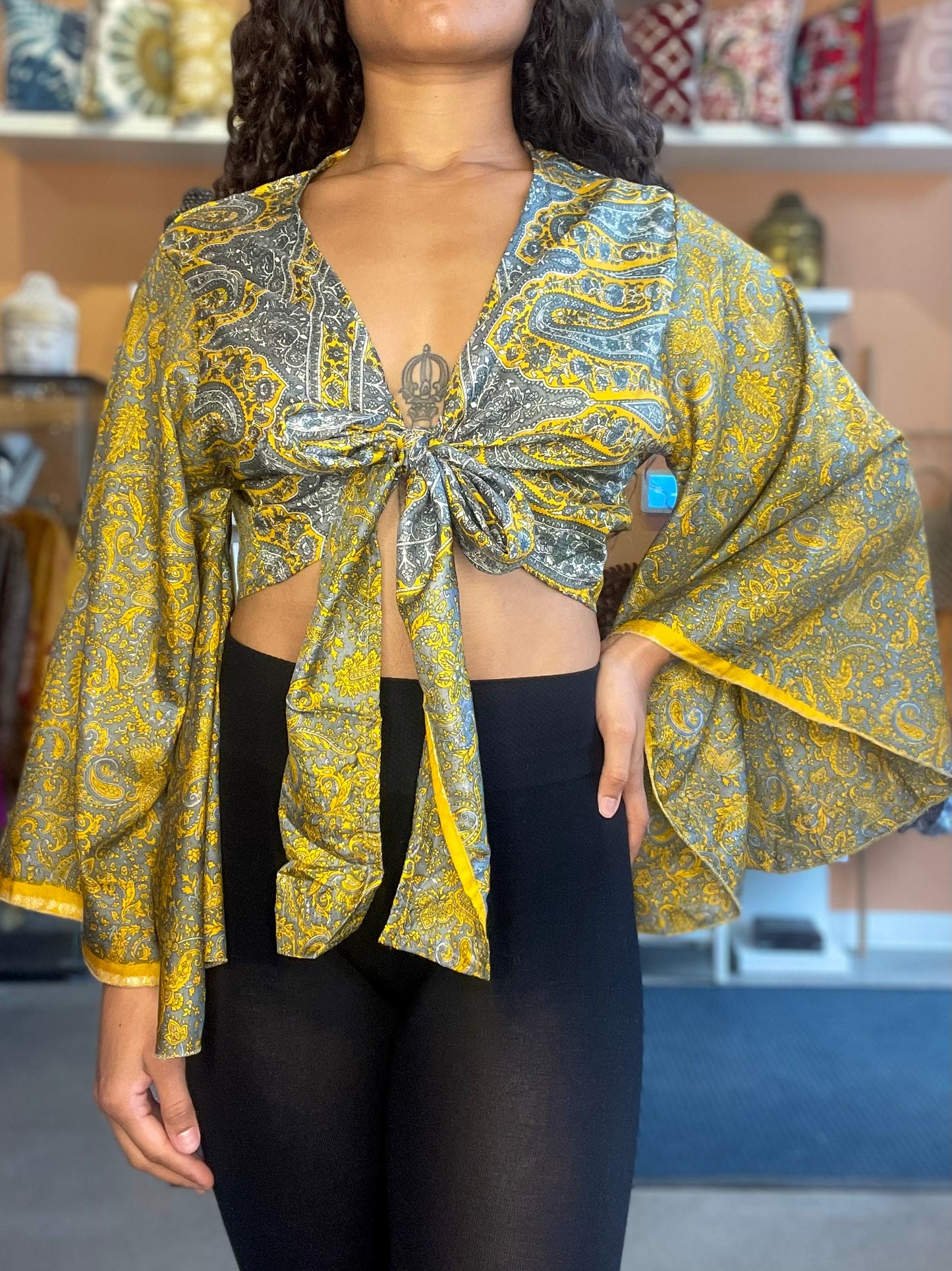 Yellow/Grey Upcycled Butterfly Sleeve Wrap Top