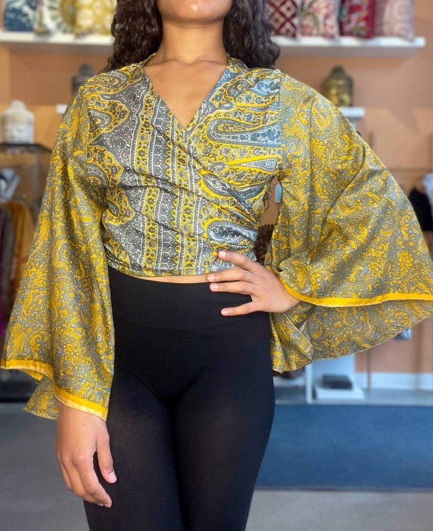 Yellow/Grey Upcycled Butterfly Sleeve Wrap Top