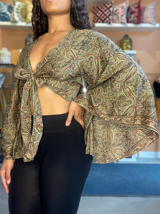 Brown/Green Upcycled Butterfly Sleeve Wrap Top