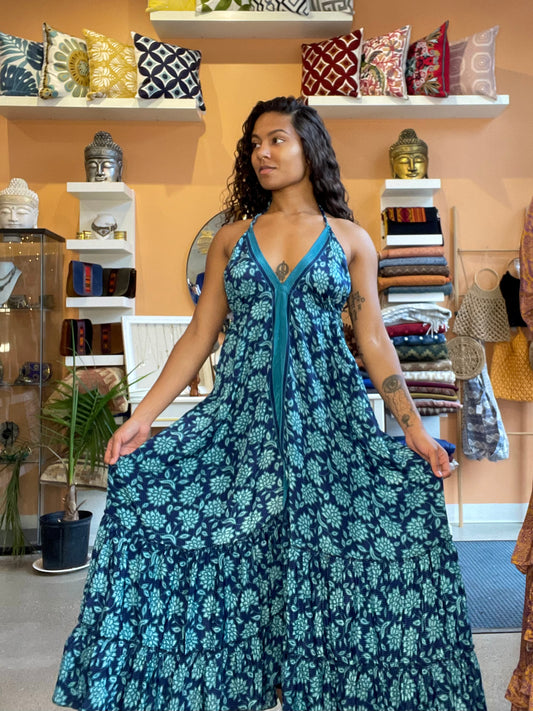 Blue Floral Halter Maxi Dress