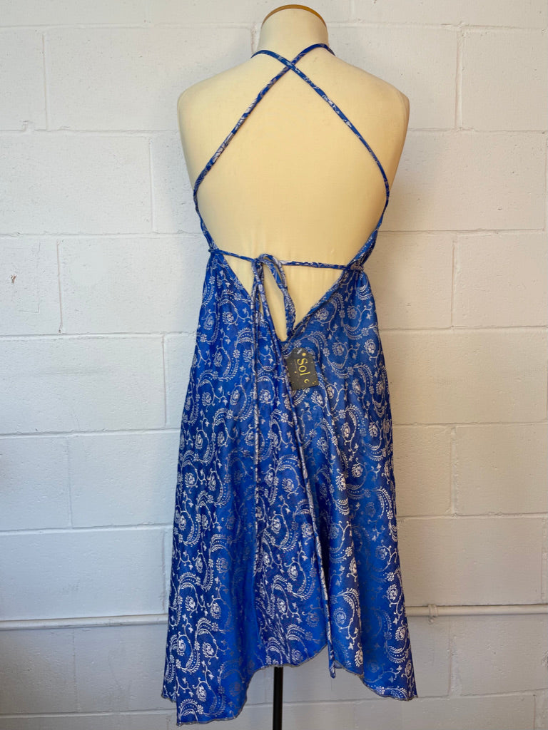 Blue Brocade Silk Midi Halter Dress