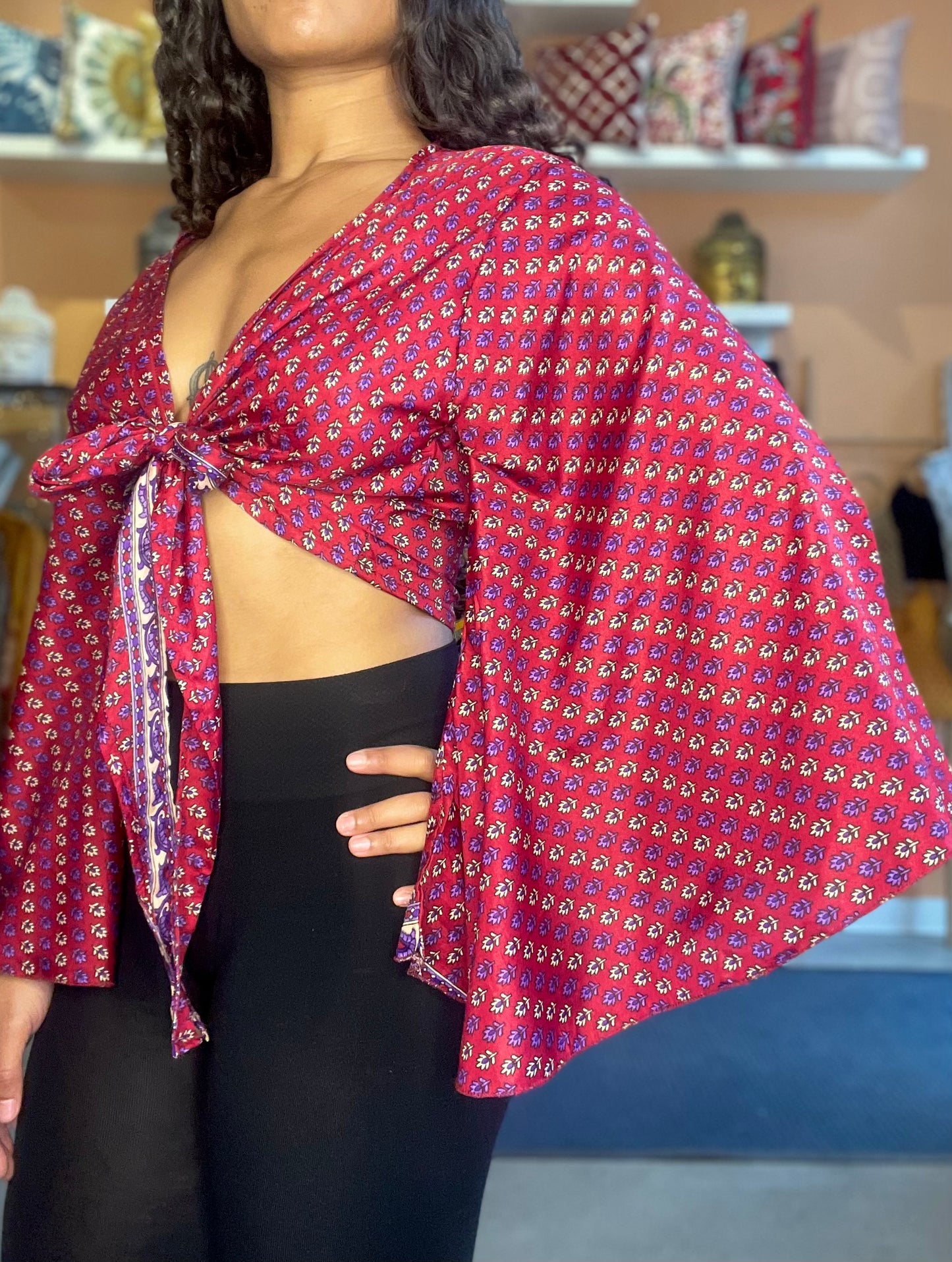 Red/Purple Upcycled Butterfly Sleeve Wrap Top