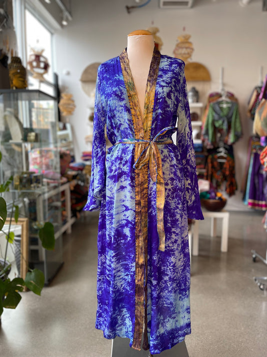 Blue/Purple/Gold Tie Dye Bell Sleeve Silk Robe