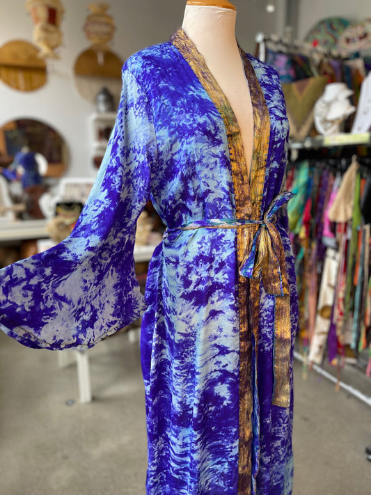 Blue/Purple/Gold Tie Dye Bell Sleeve Silk Robe