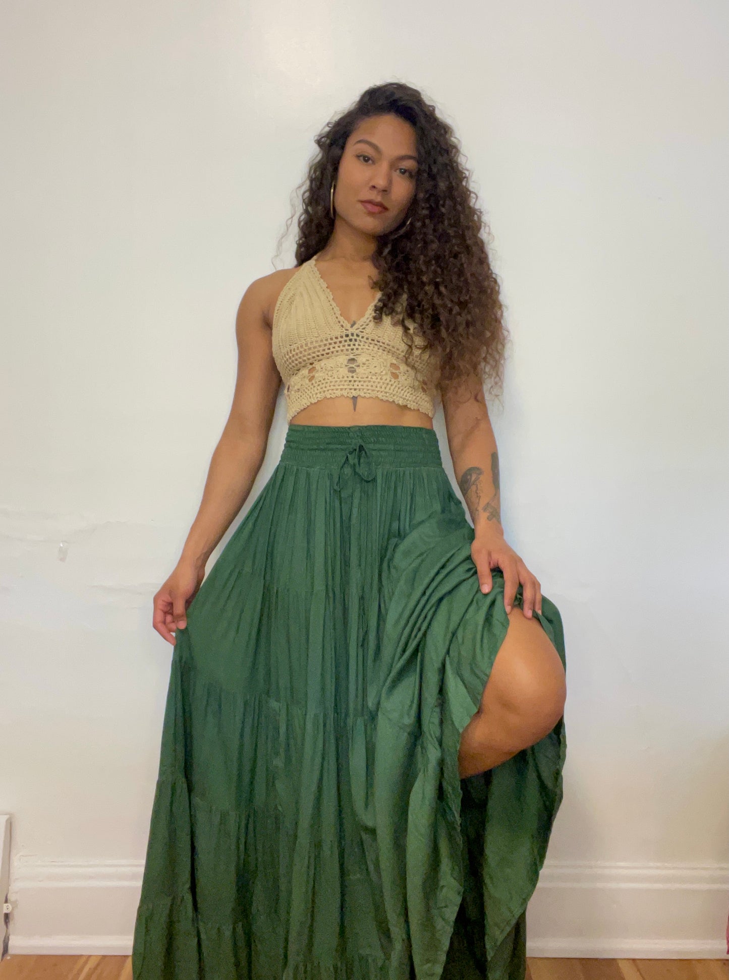 Green Boho Tiered Maxi Skirt