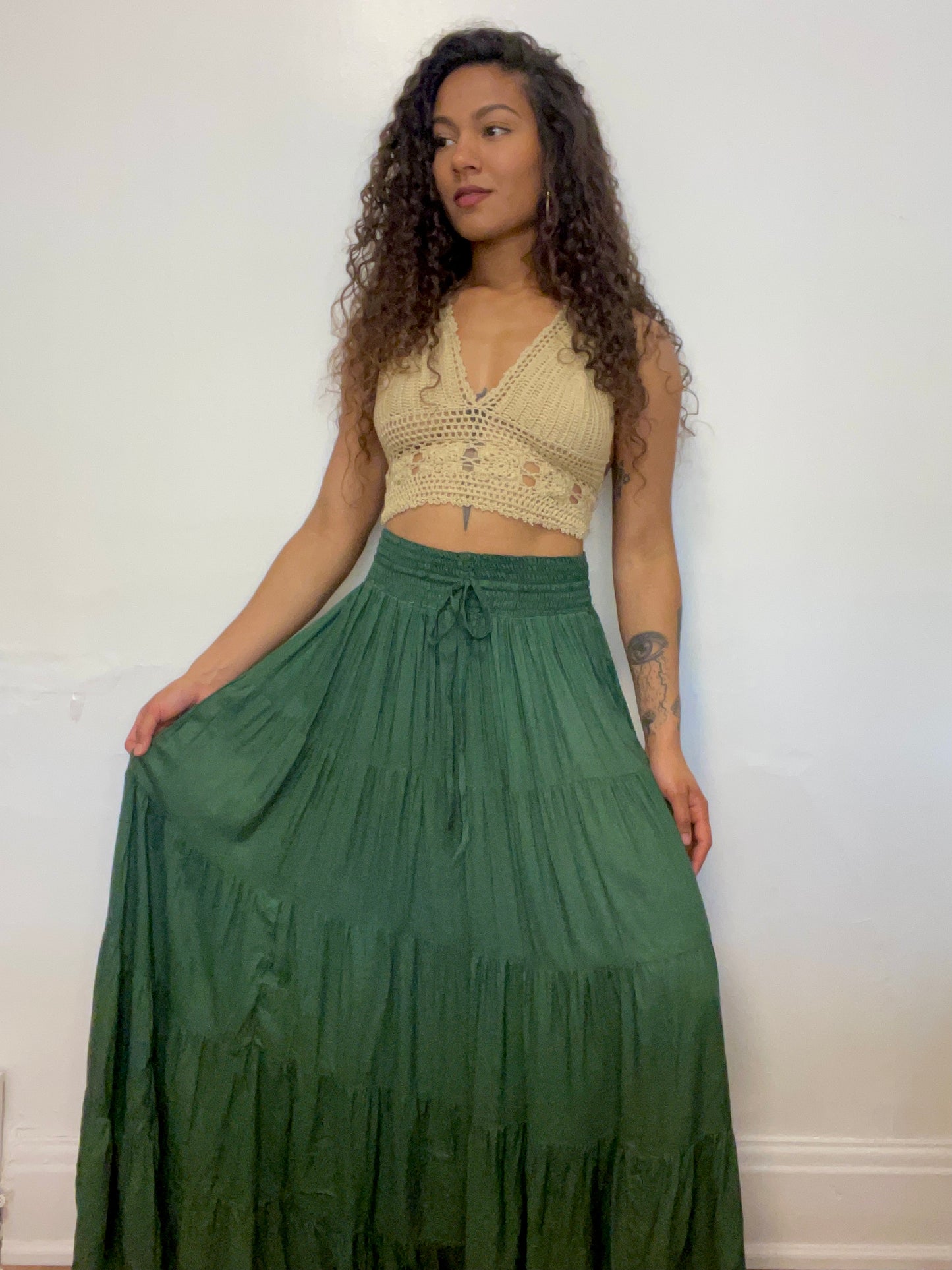 Green Boho Tiered Maxi Skirt
