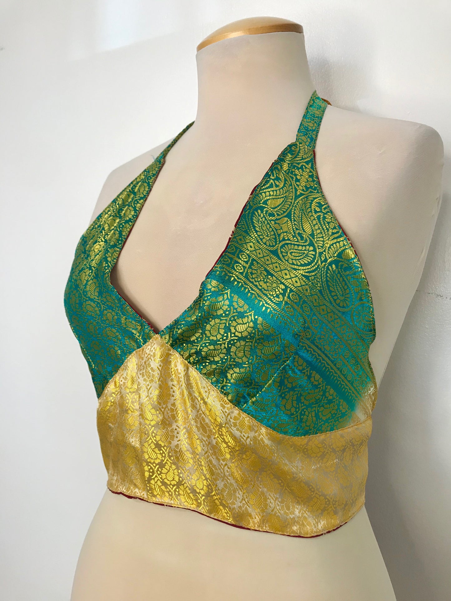 Green/Yellow/Red Reversible Brocade Silk Halter Top