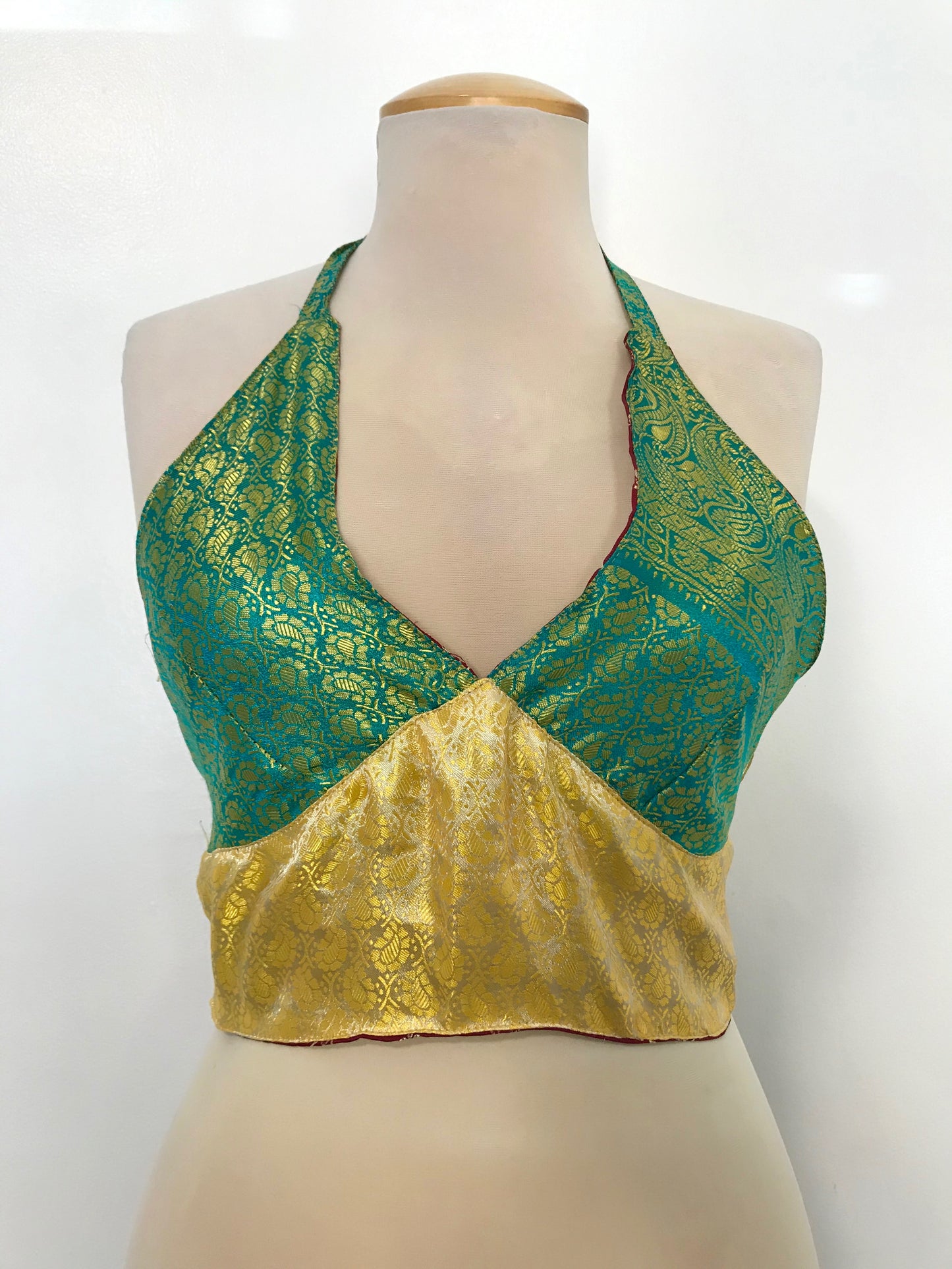 Green/Yellow/Red Reversible Brocade Silk Halter Top