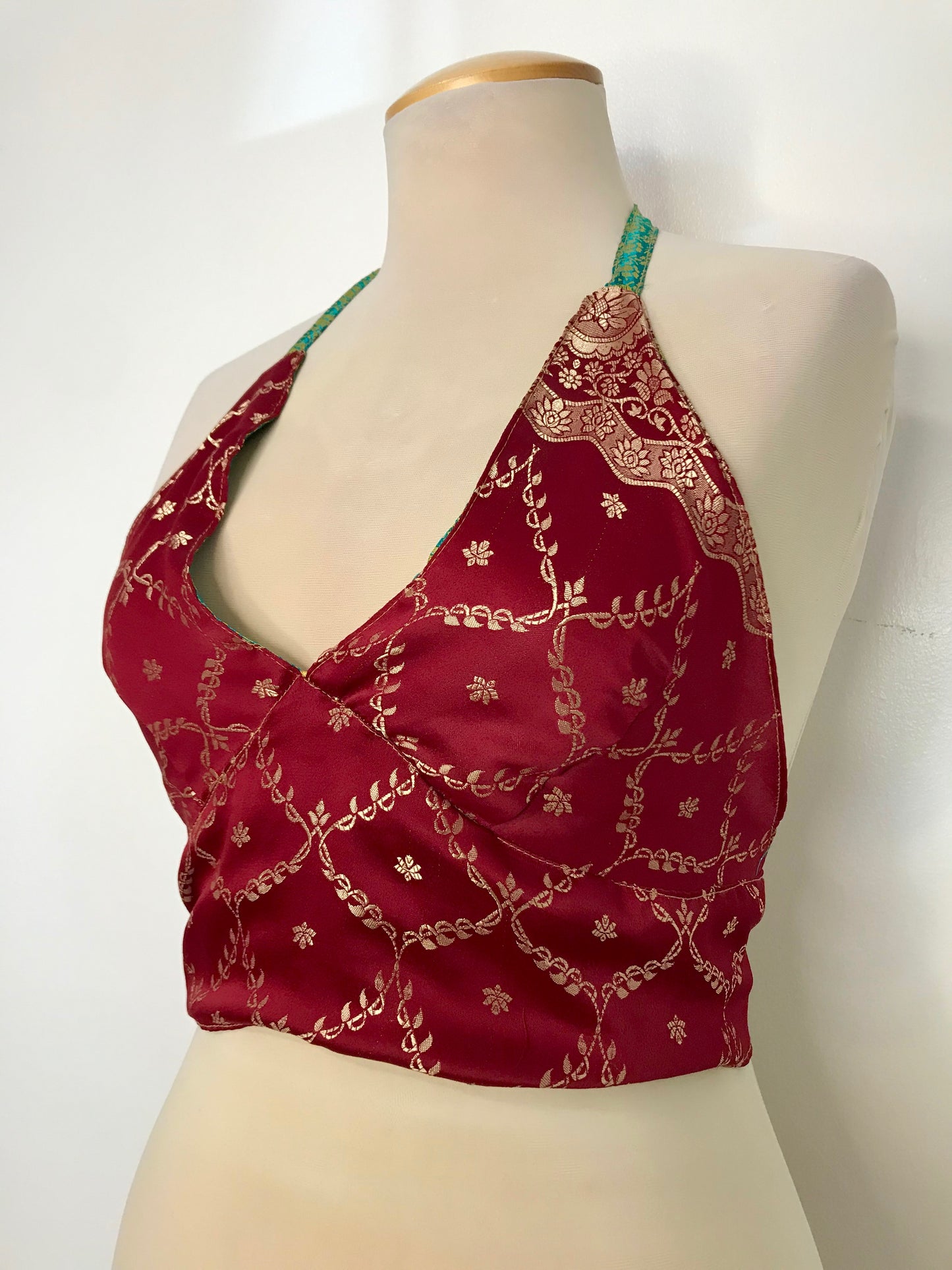 Green/Yellow/Red Reversible Brocade Silk Halter Top