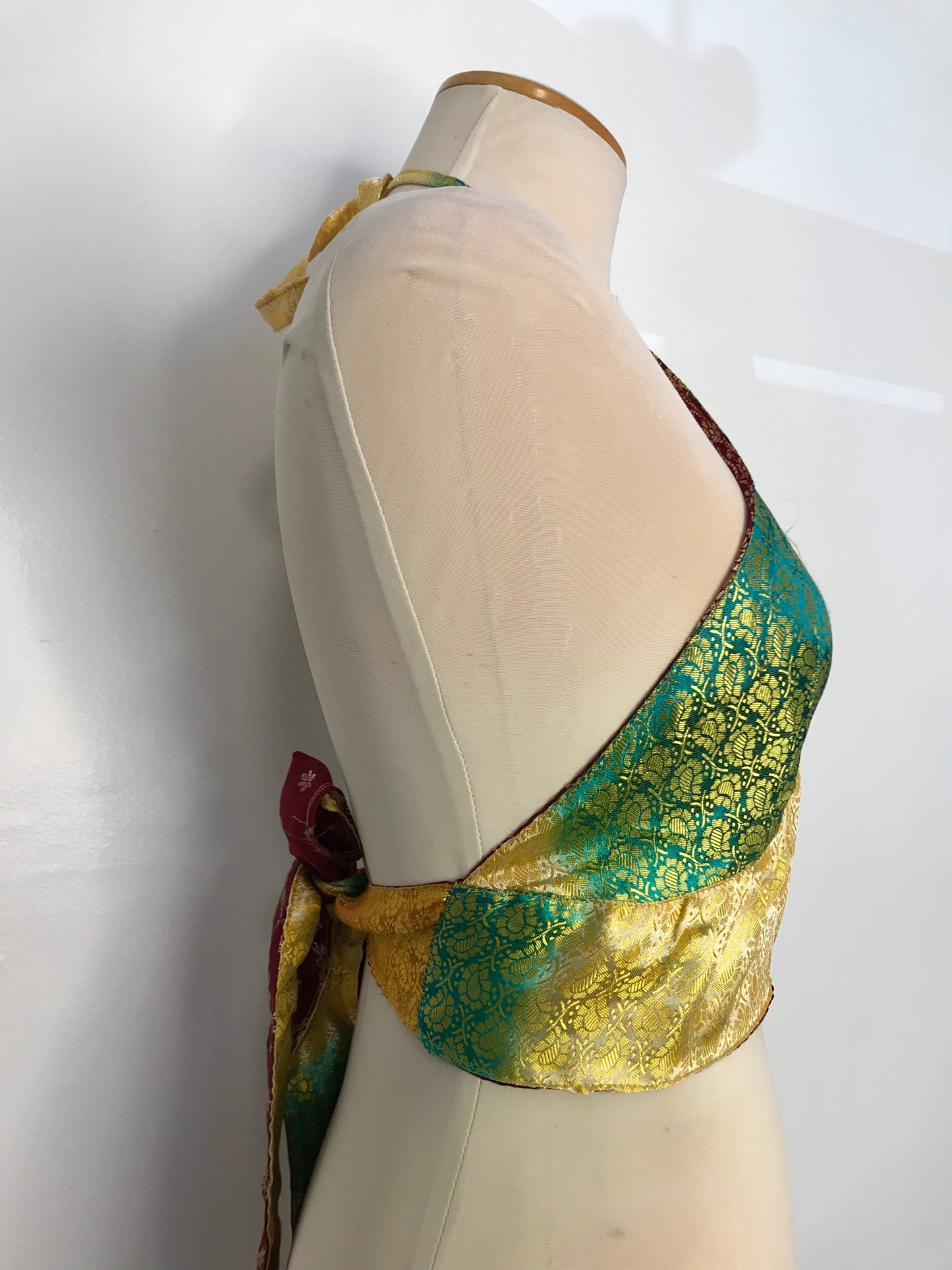 Green/Yellow/Red Reversible Brocade Silk Halter Top