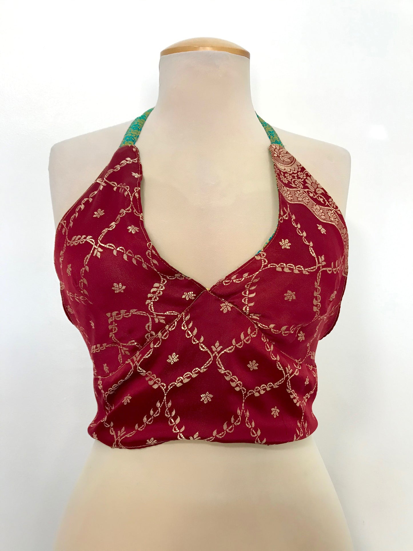 Green/Yellow/Red Reversible Brocade Silk Halter Top