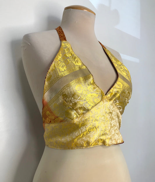 Yellow/Burnt Red Reversible Brocade Silk Halter Top