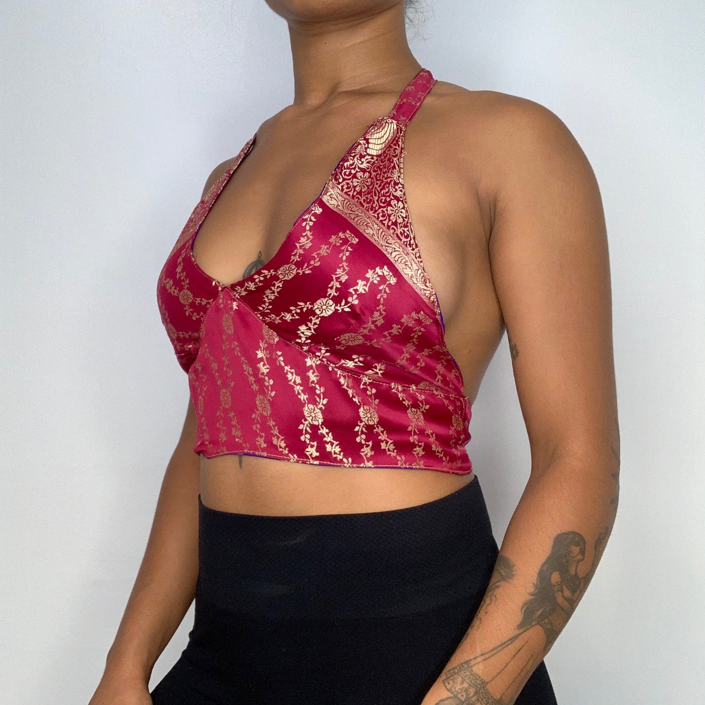 Red/Purple Reversible Brocade Silk Halter Top