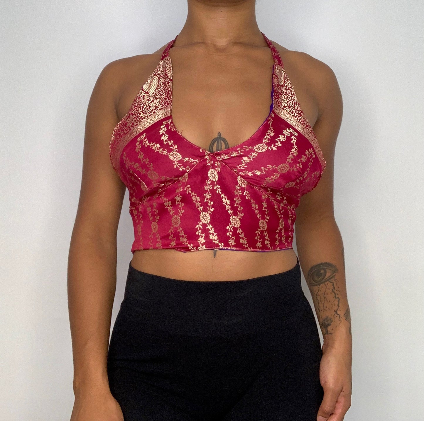 Red/Purple Reversible Brocade Silk Halter Top