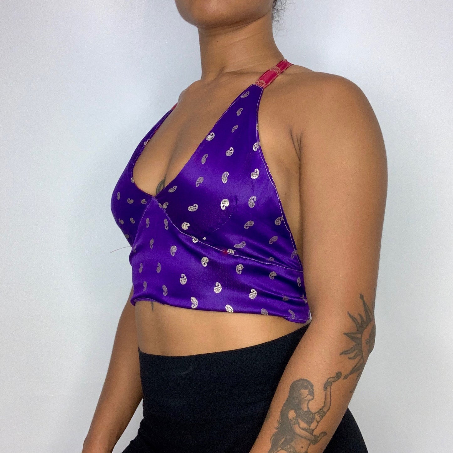 Red/Purple Reversible Brocade Silk Halter Top