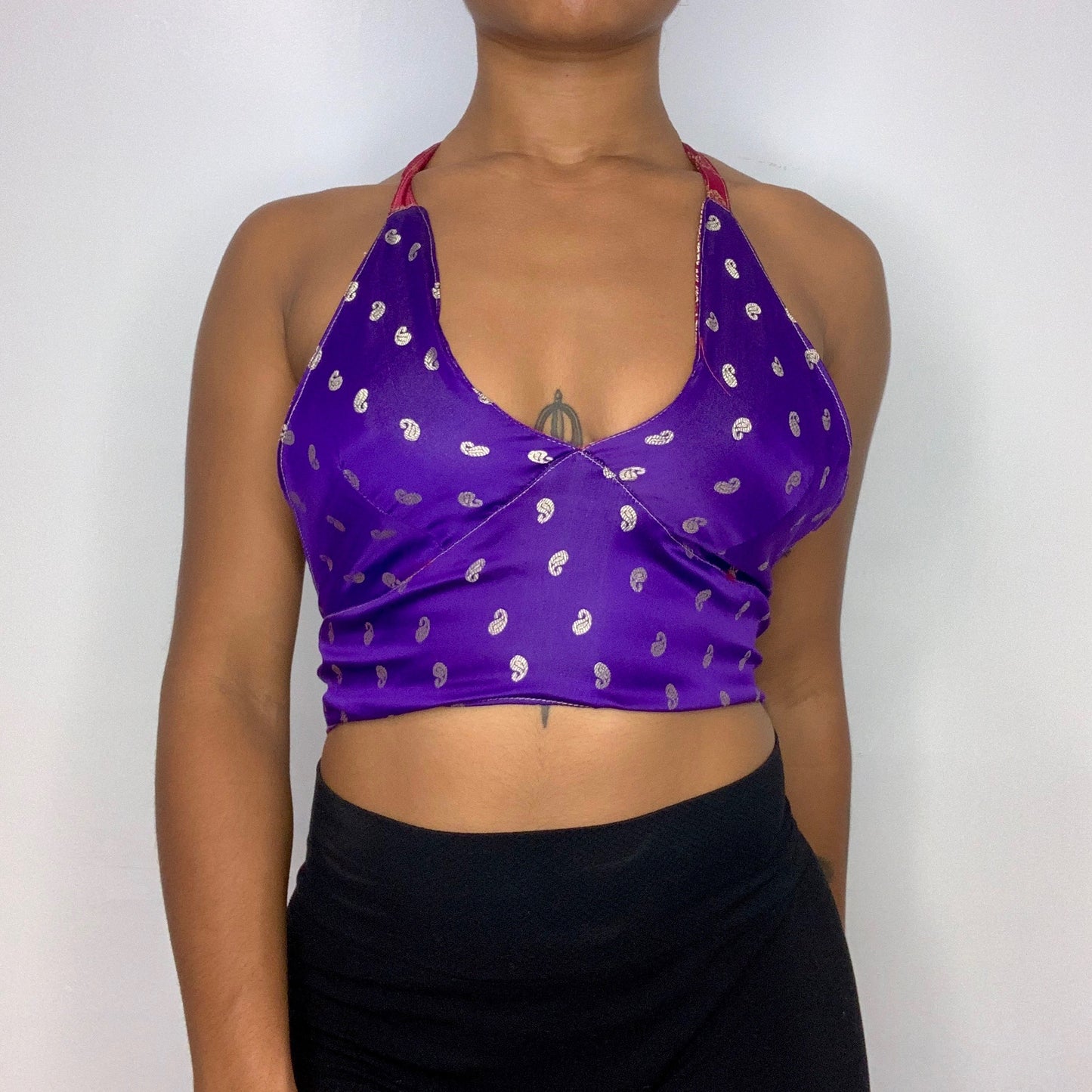 Red/Purple Reversible Brocade Silk Halter Top