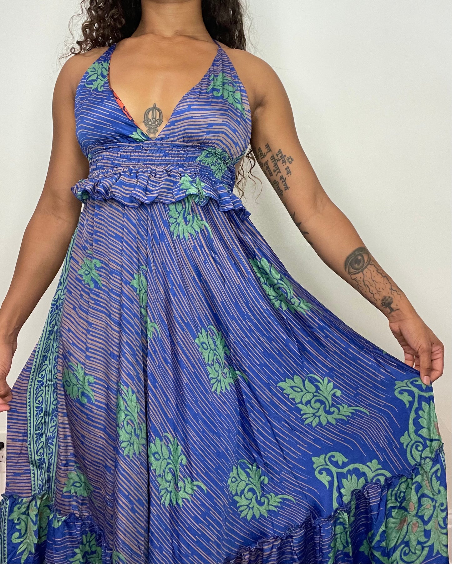 Blue/Green Silk Frill Halter Maxi Dress