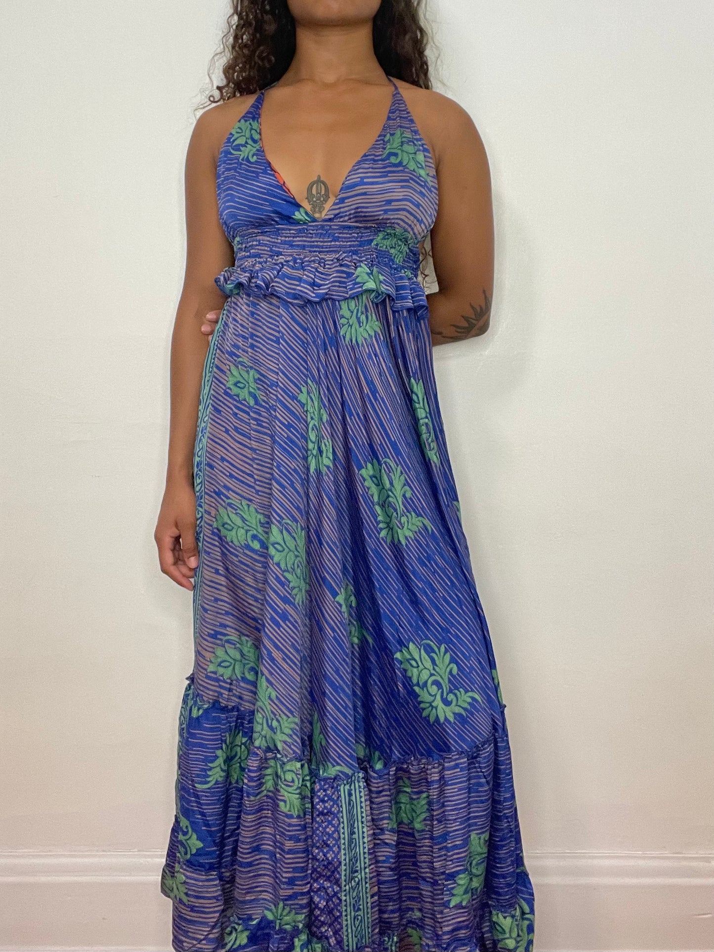 Blue/Green Silk Frill Halter Maxi Dress