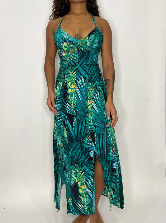 Tropical Print Halter Maxi Dress Green/Black