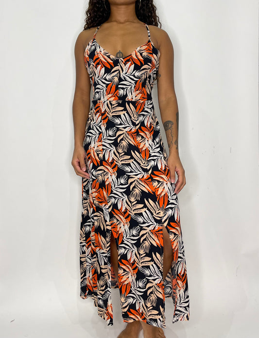 Tropical Print Halter Maxi Dress Orange/Black