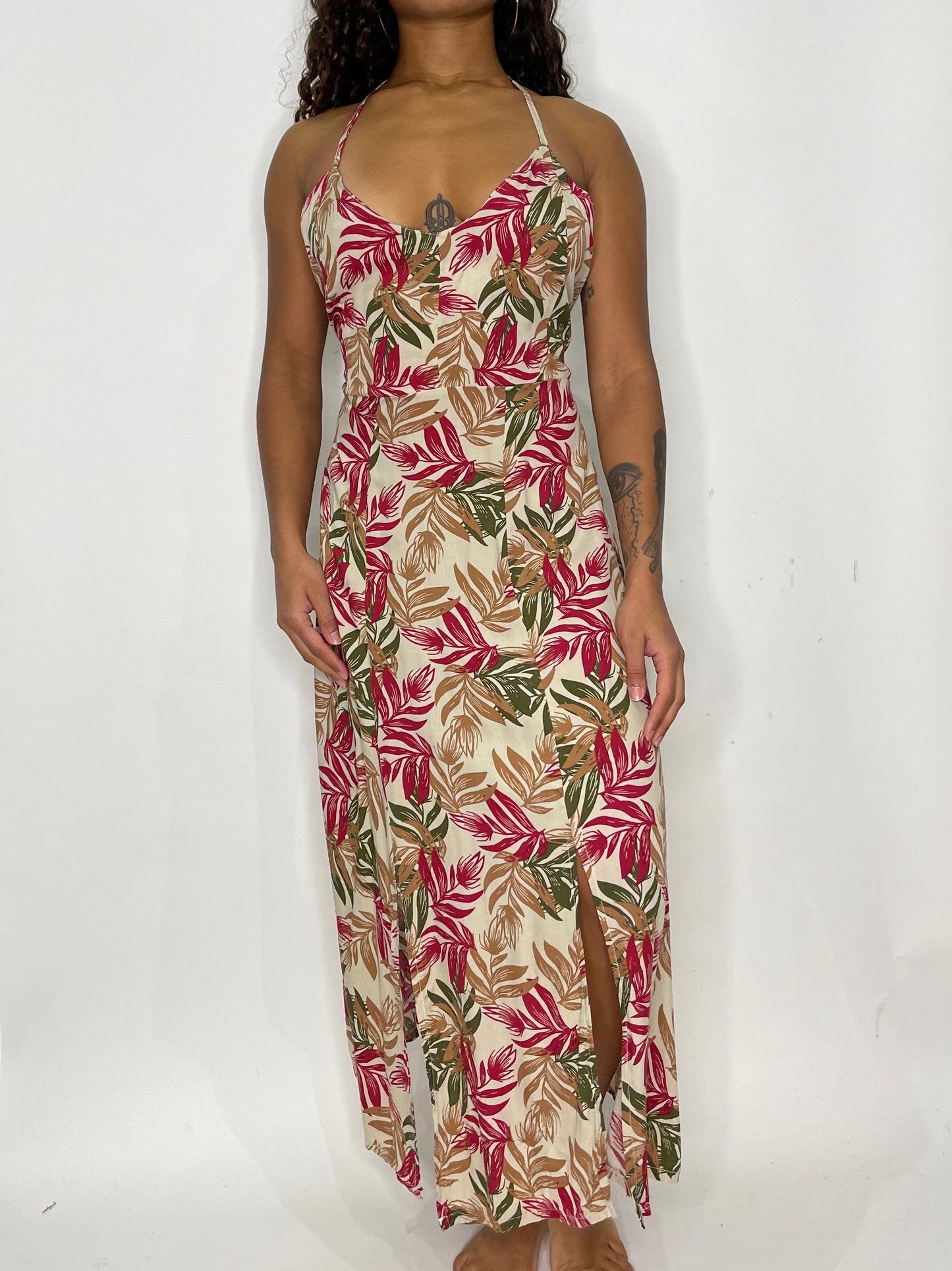 Tropical Print Halter Maxi Dress Pink/Beige