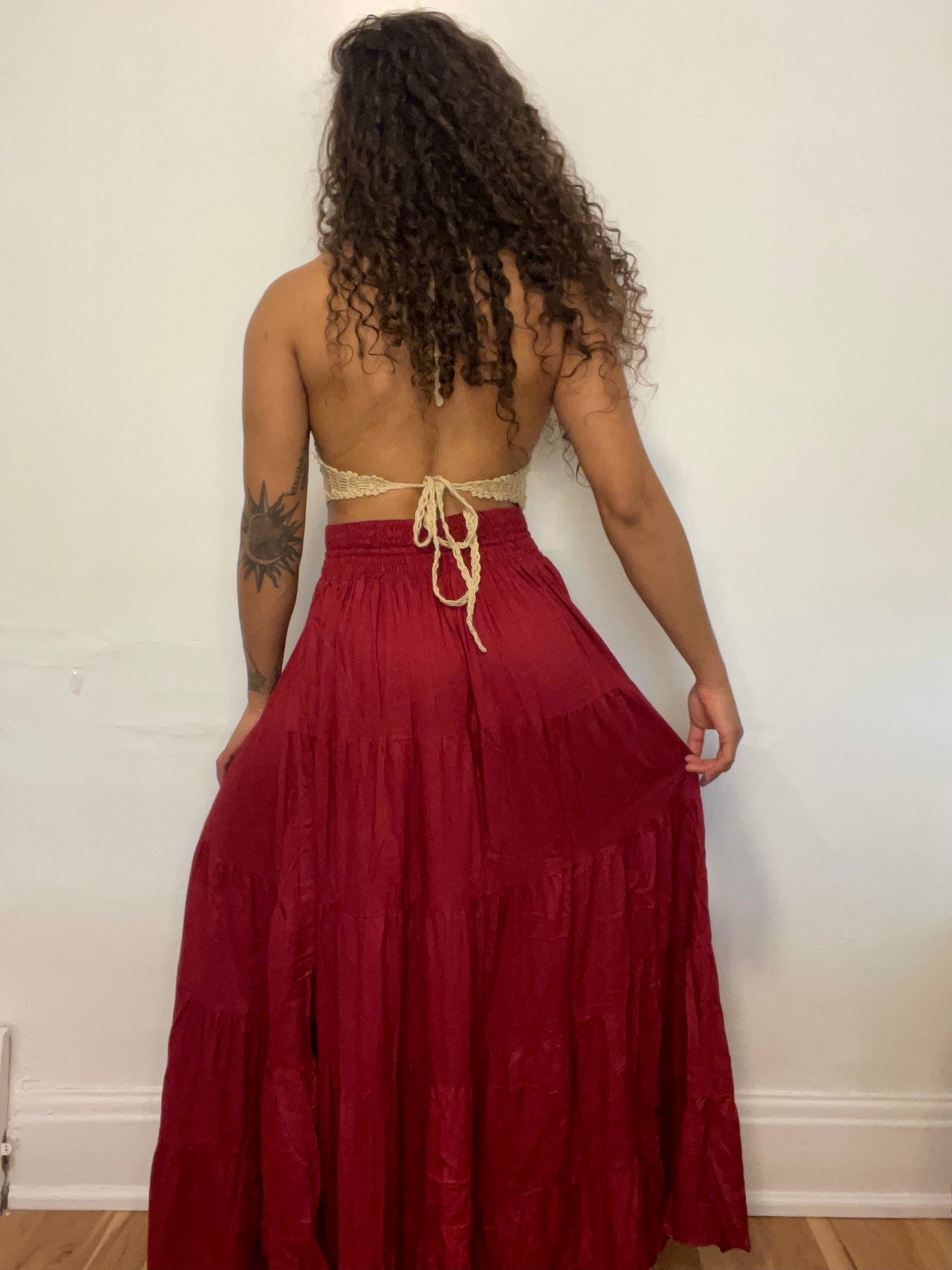 Red Boho Tiered Maxi Skirt