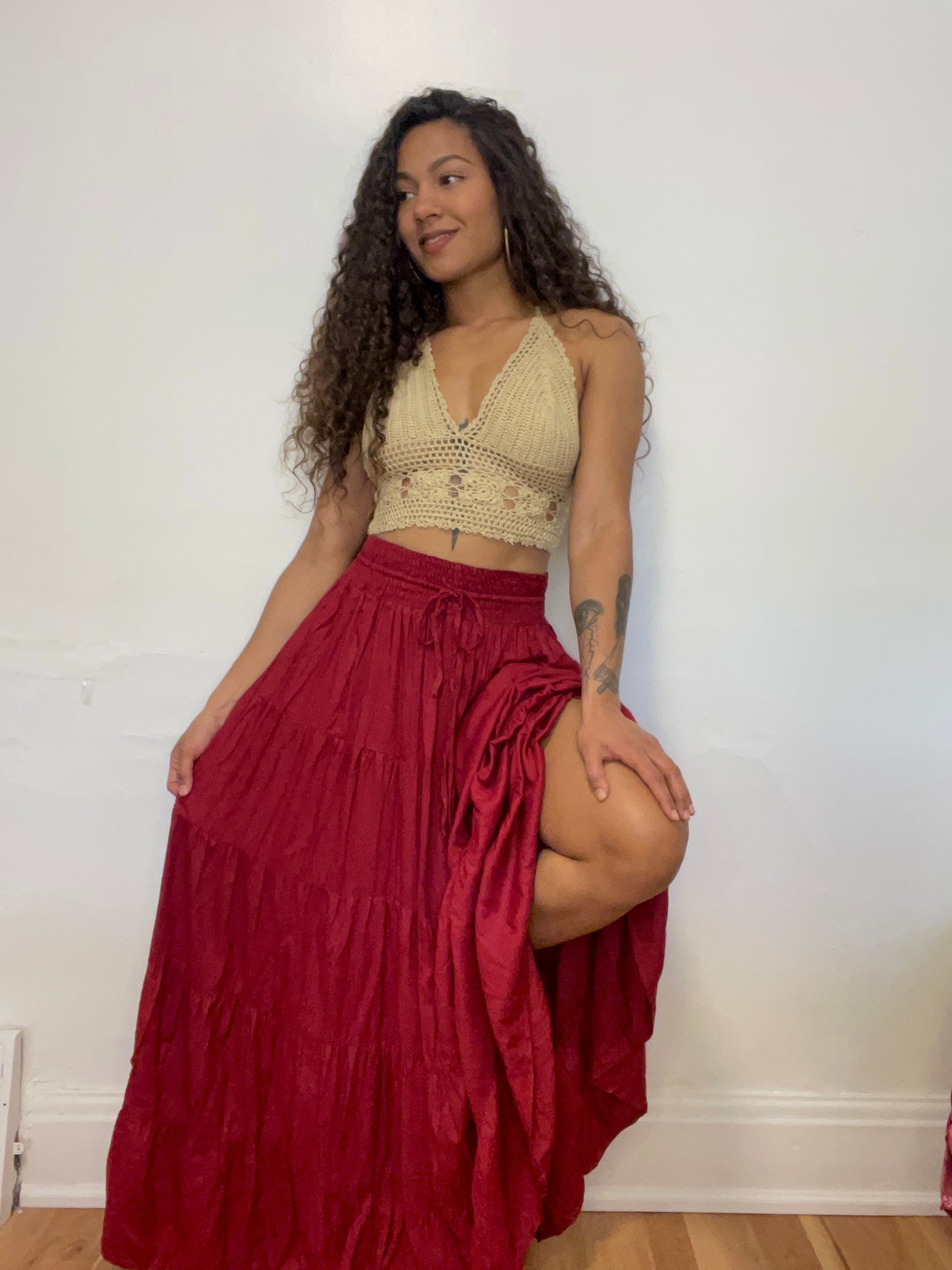 Red Boho Tiered Maxi Skirt
