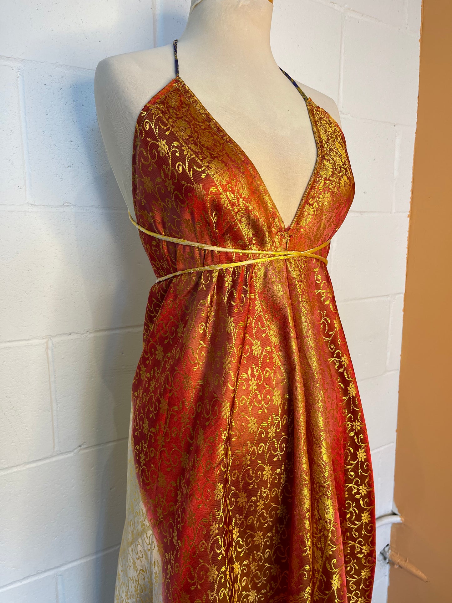 Gold Brocade Silk Midi Halter Dress