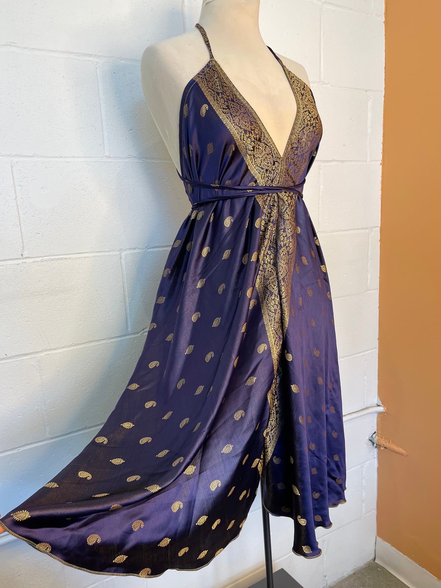 Navy Blue Brocade Silk Midi Halter Dress