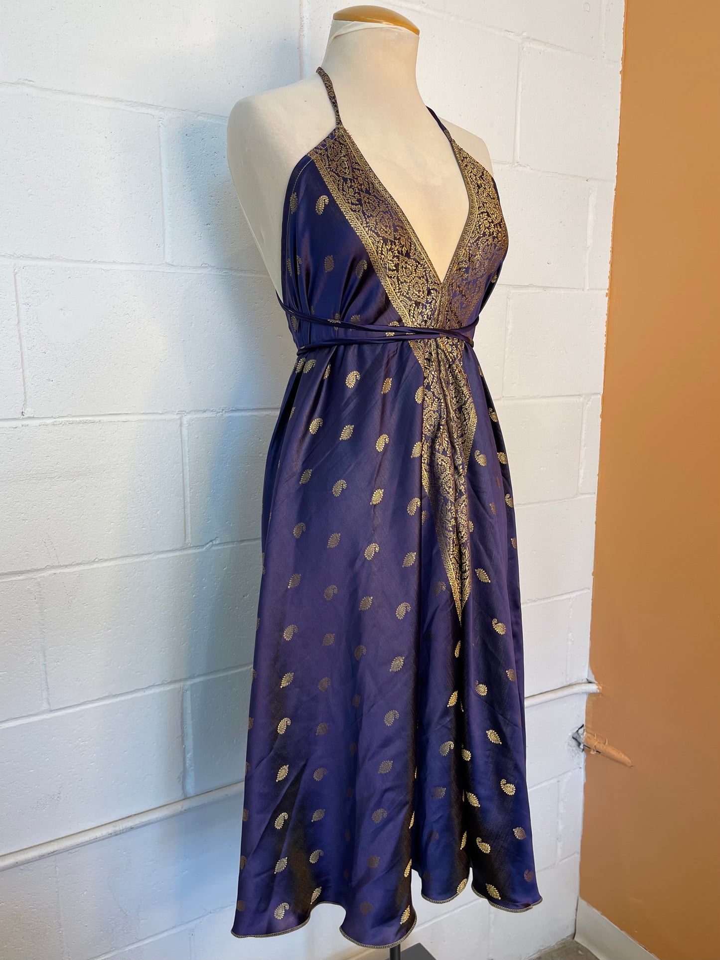Navy Blue Brocade Silk Midi Halter Dress