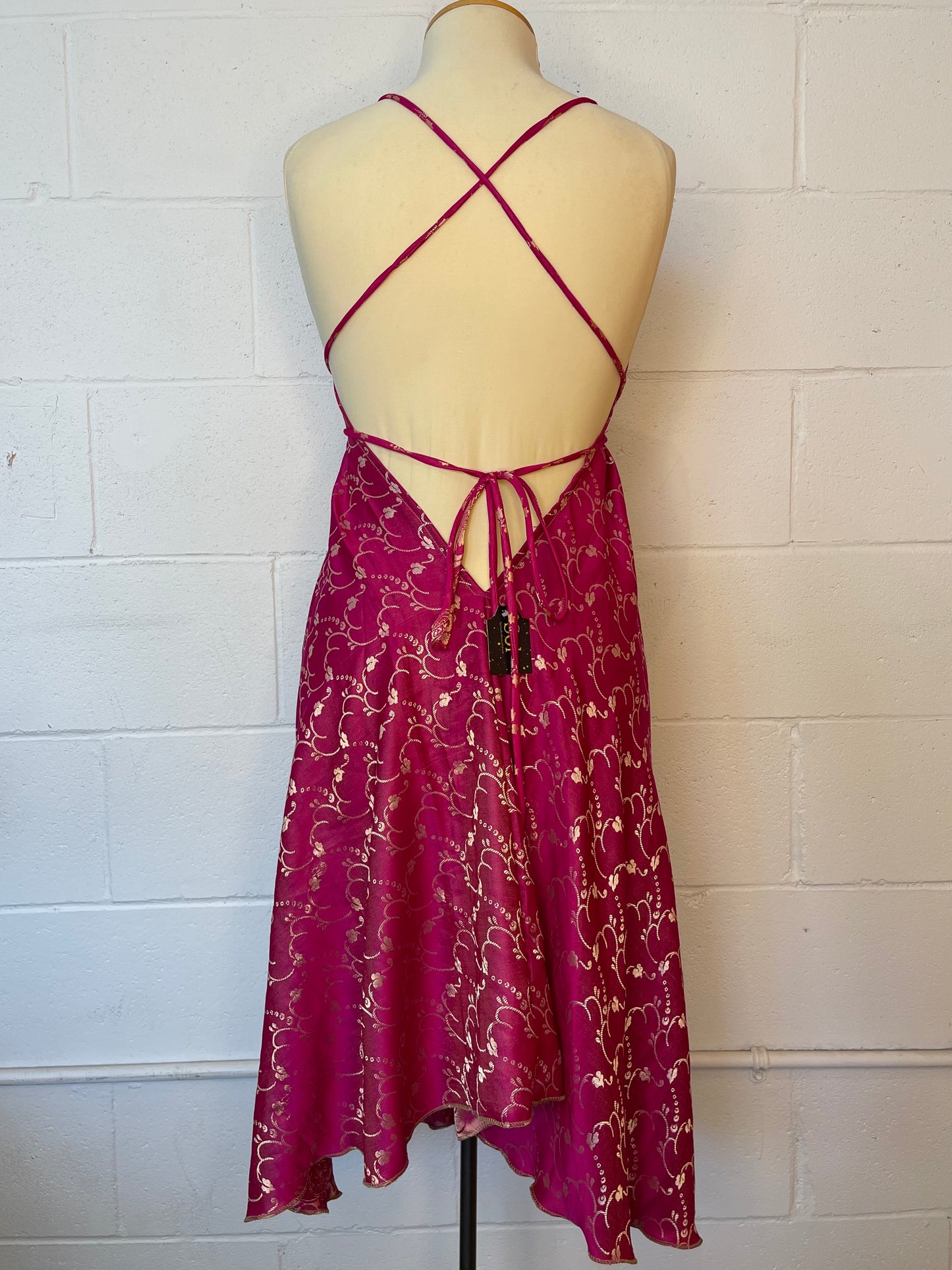 Pink Brocade Silk Midi Halter Dress