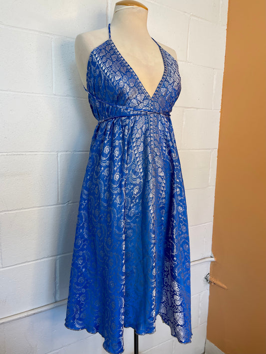 Blue Brocade Silk Midi Halter Dress