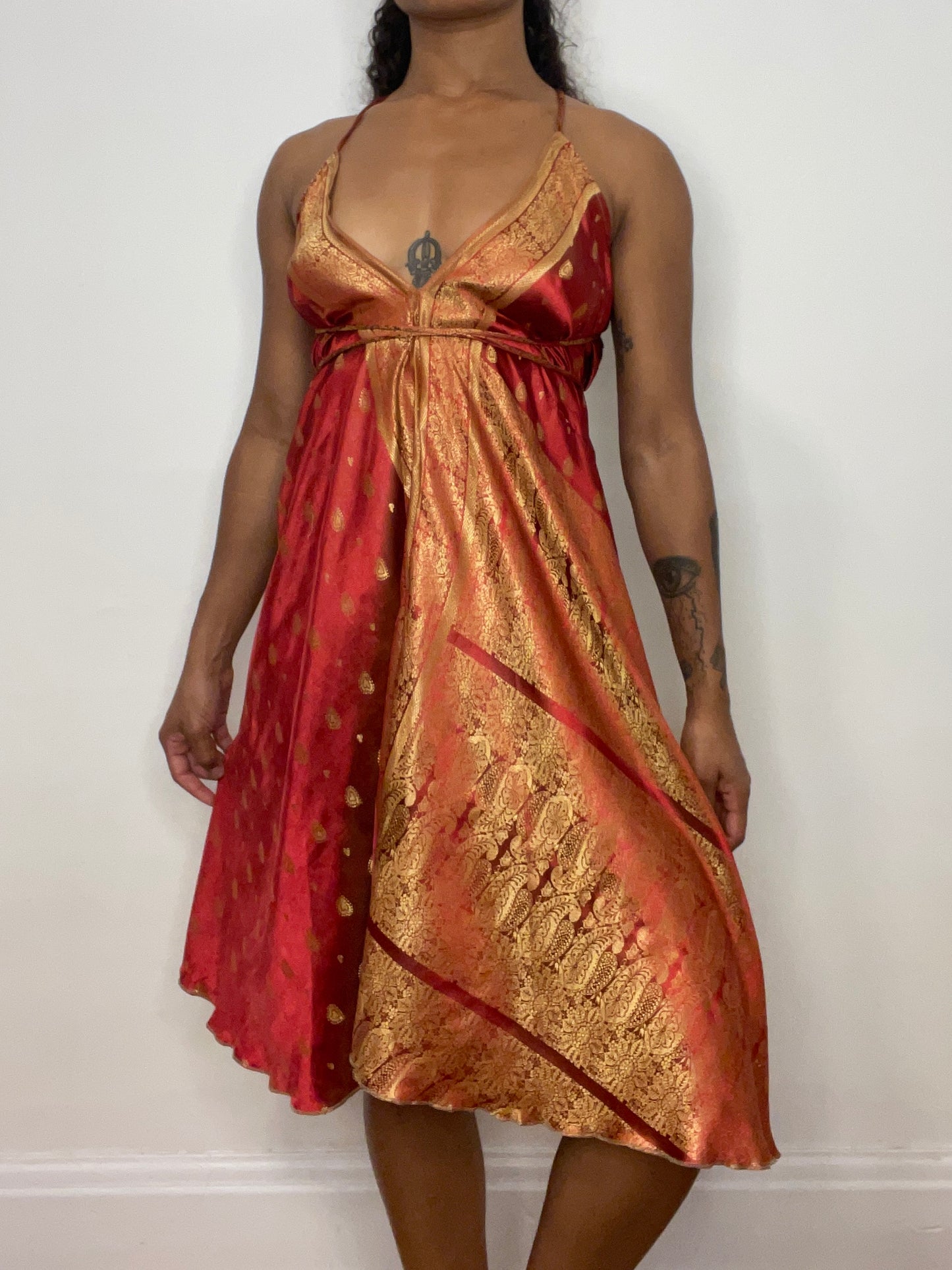 Deep Red Brocade Silk Midi Halter Dress