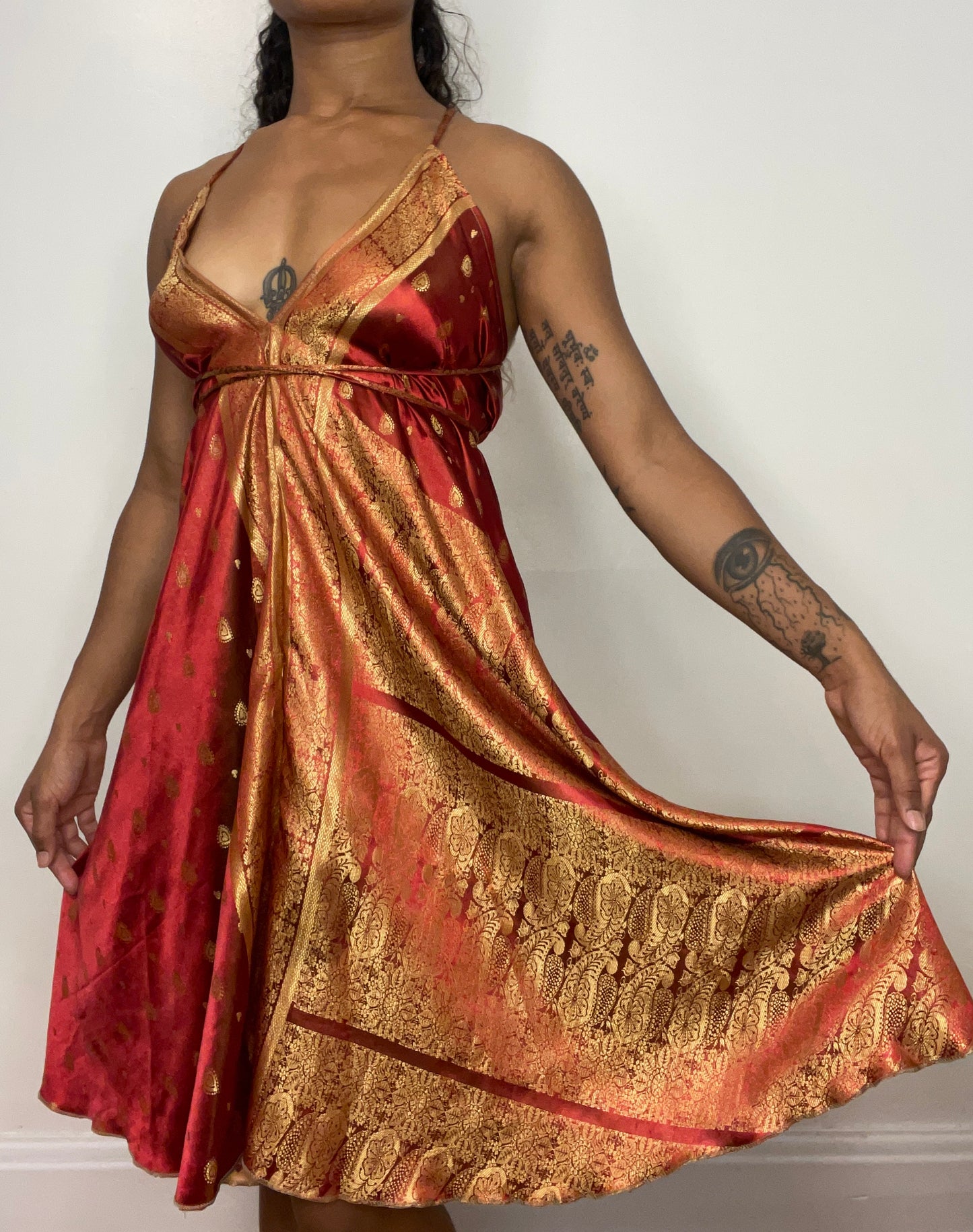 Deep Red Brocade Silk Midi Halter Dress