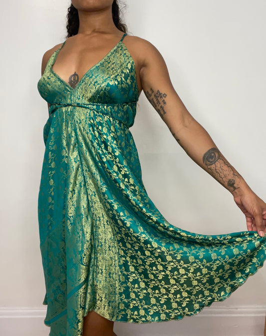 Green Brocade Silk Midi Halter Dress
