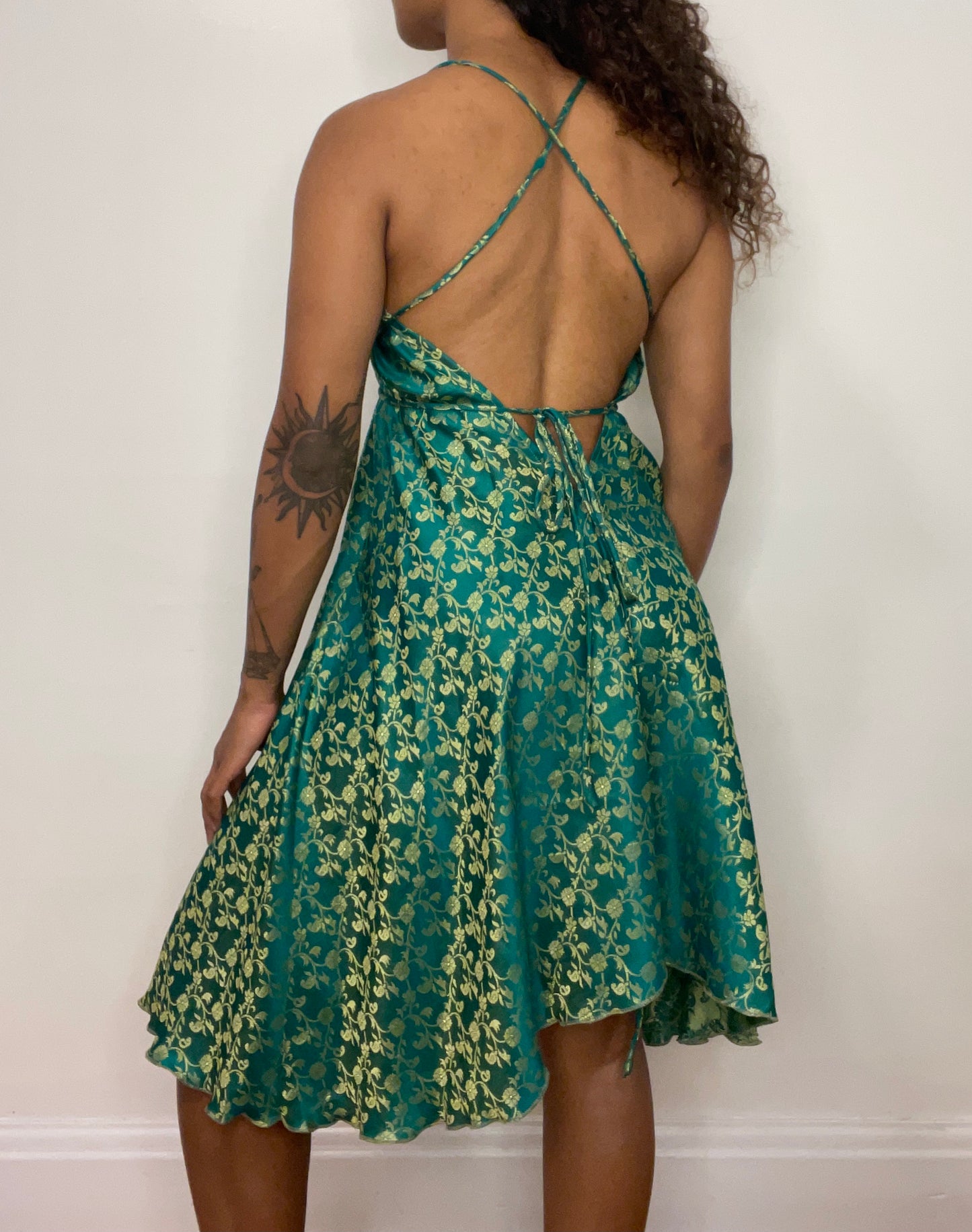 Green Brocade Silk Midi Halter Dress