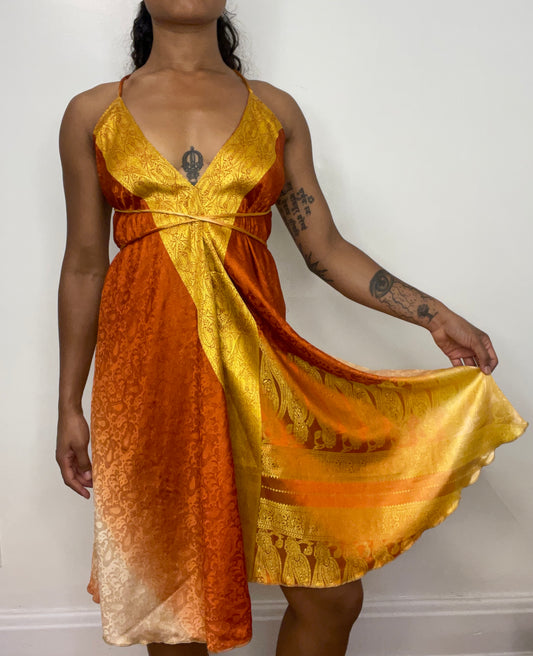 Orange/Gold Brocade Silk Midi Halter Dress