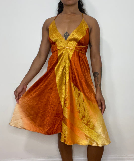 Orange/Gold Brocade Silk Midi Halter Dress