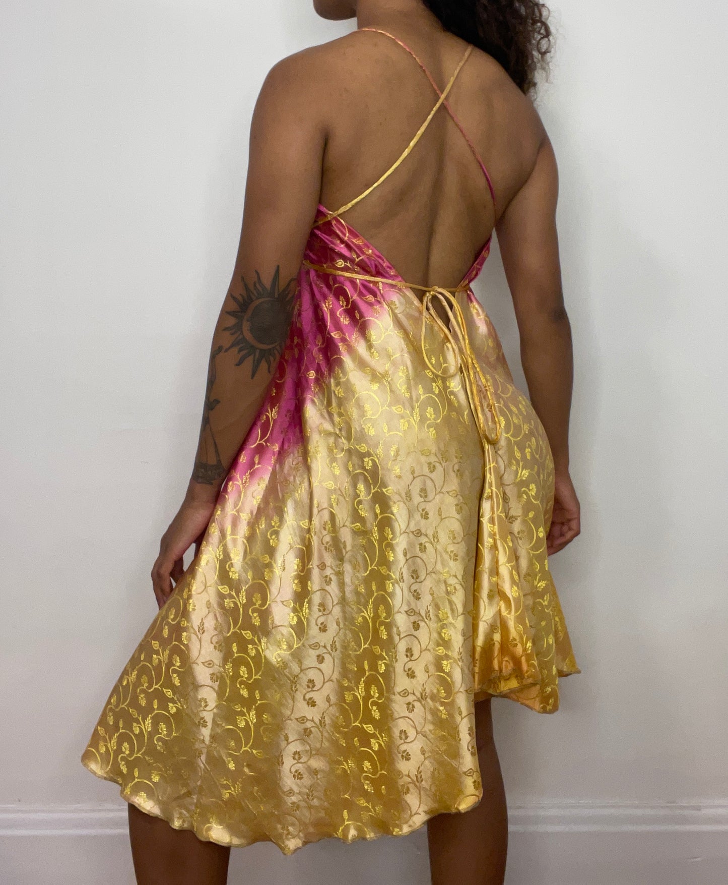 Pink/Gold Brocade Silk Midi Halter Dress