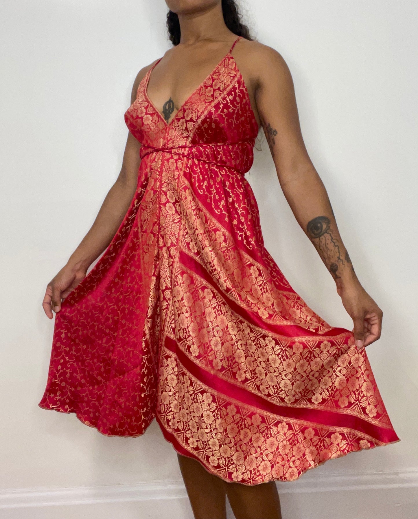 Red Brocade Silk Midi Halter Dress