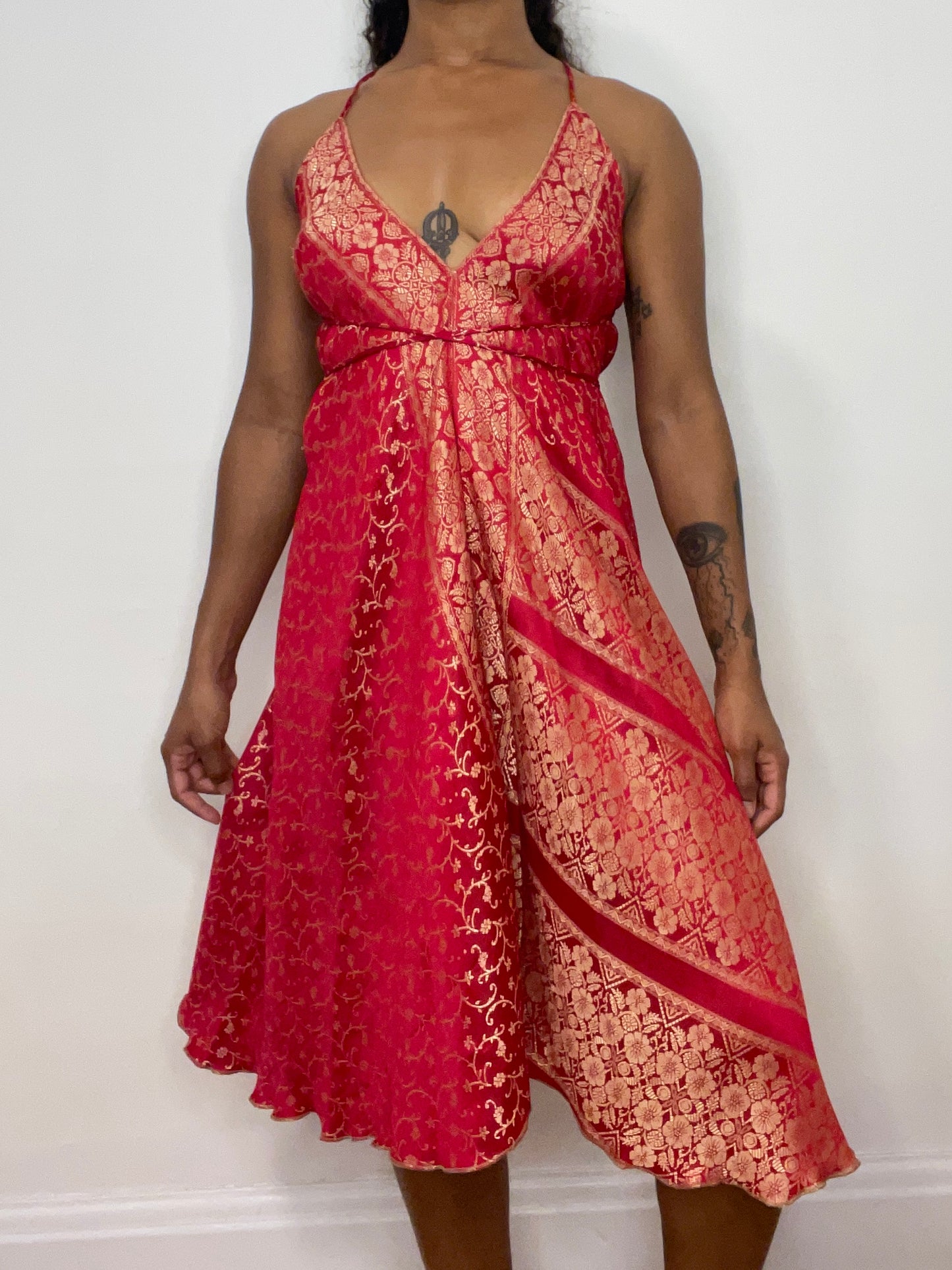 Red Brocade Silk Midi Halter Dress