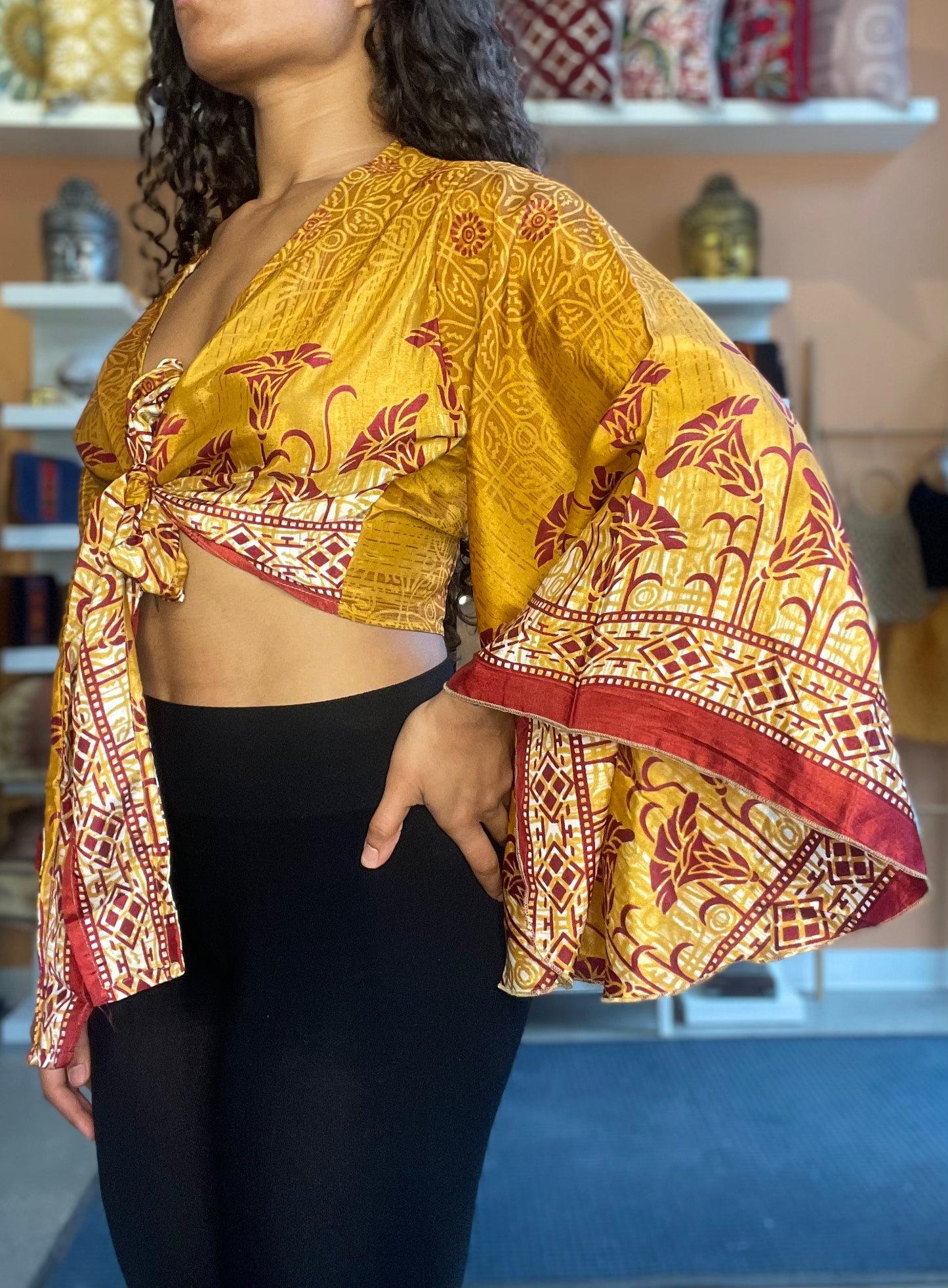 Red/Gold Upcycled Butterfly Sleeve Wrap Top