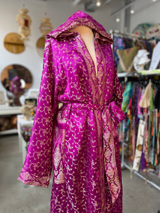 Magenta/Silver Brocade Silk Hooded Robe