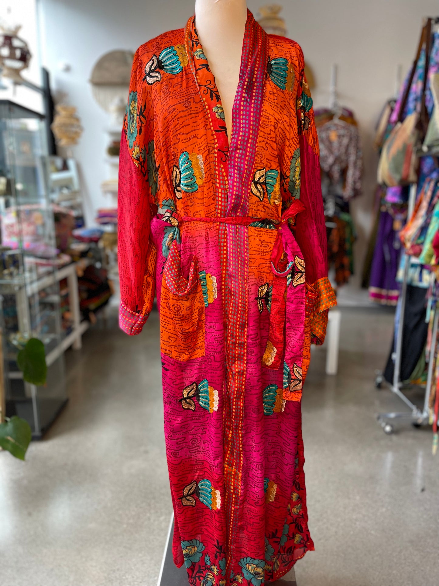 Orange/Pink Embroidered Silk Robe
