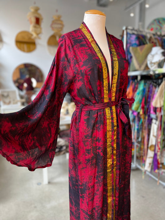 Red/Gold Tie Dye Bell Sleeve Silk Robe